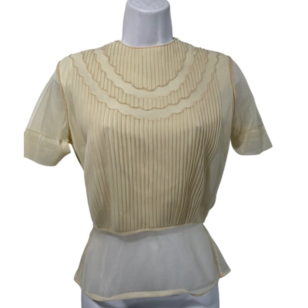 Vintage 50's Penny Potter Sheer Blouse Micro Pleat Peplum Ivory Back Button Sz S